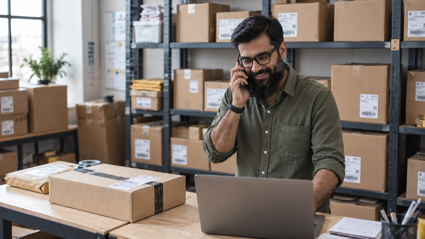 Merchant on a call at the shipping desk
