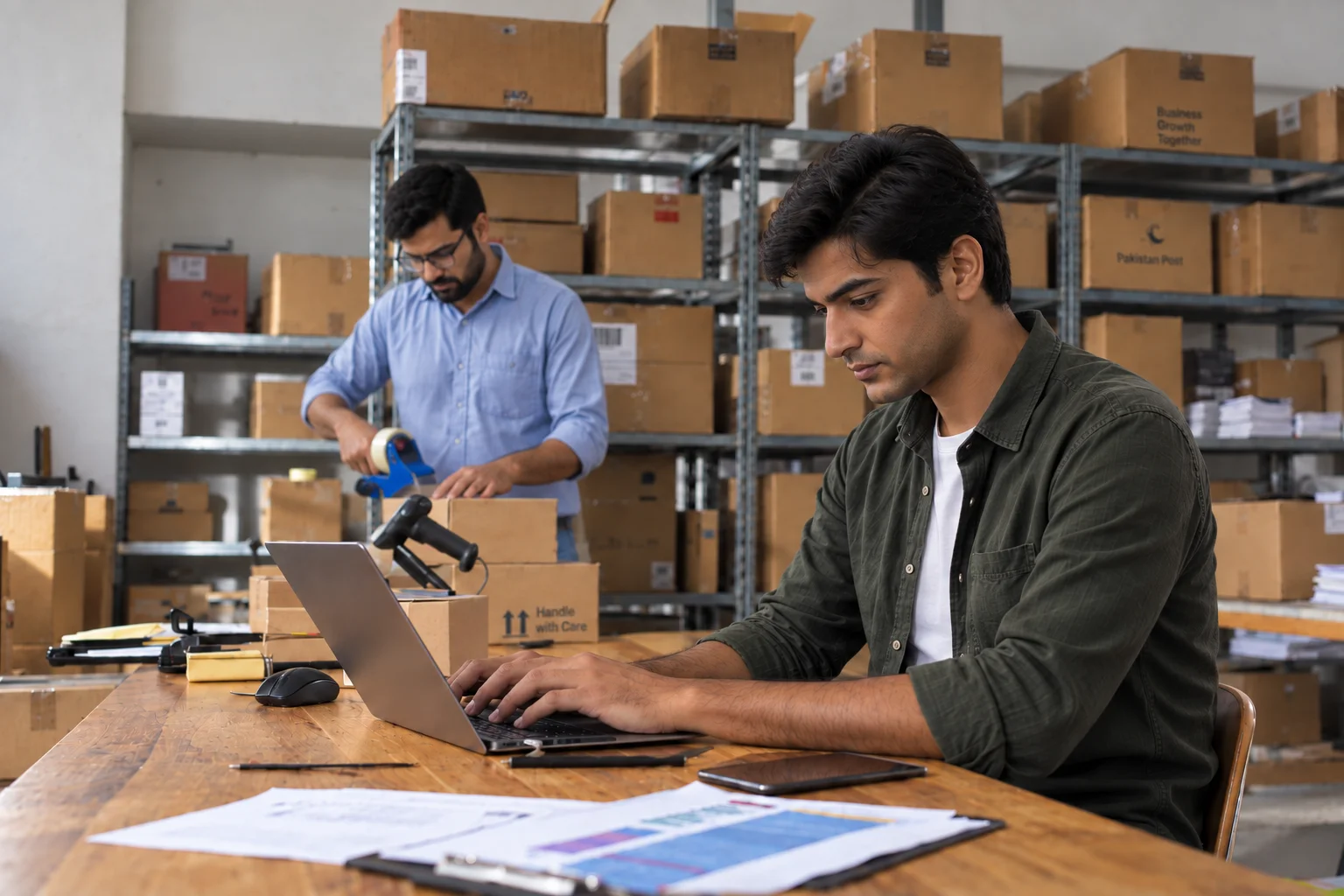 Merchant working through order status at the packing desk